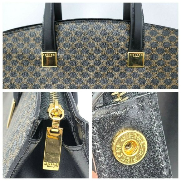Vintage Celine Triomphe Canvas Black Leather Medium Shoulder Tote Hand Bag Auth - Picture 5 of 16